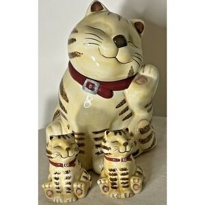 GKAO Smiling ScratchingTan Tabby Cat Cookie Jar + Matching Salt & Pepper Shakers